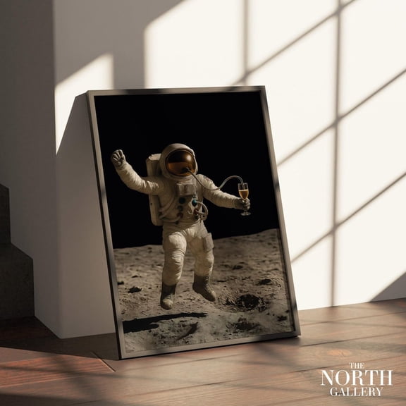 Fun Astronaut Poster - Space Art Print, Moon Bar Scene, Absurd Sci-Fi Champagne Bar UNFRAMED Poster, Wall Art for Decor, Present, 16x24
