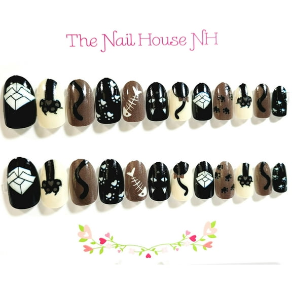 Fun At The Cat House Glossy Short Oval Press On Nails - 24 Pieces - Artificial Nail Kit