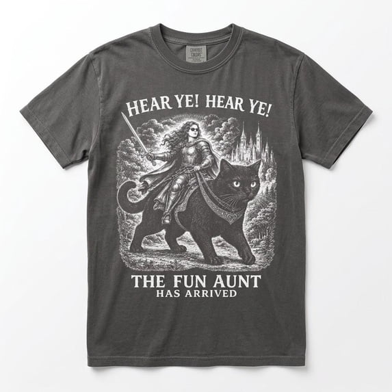 Fun Aunt Knight Riding Black Cat T-Shirt, Hear Ye Fun Aunt Has Arrived Tee, Funny Medieval Cat Meme Shirt, Auntie Cat Lover Gift