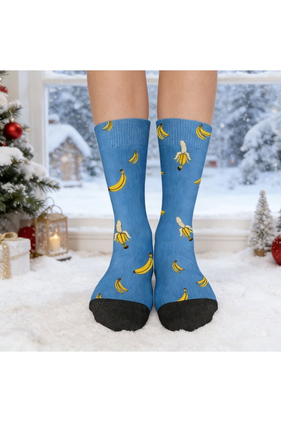 Fun Banana Print Crew Socks, Blue Novelty Food-Themed Socks for Men & Women, Soft Breathable Cotton Blend, Perfect for Casual Wear & Gifting