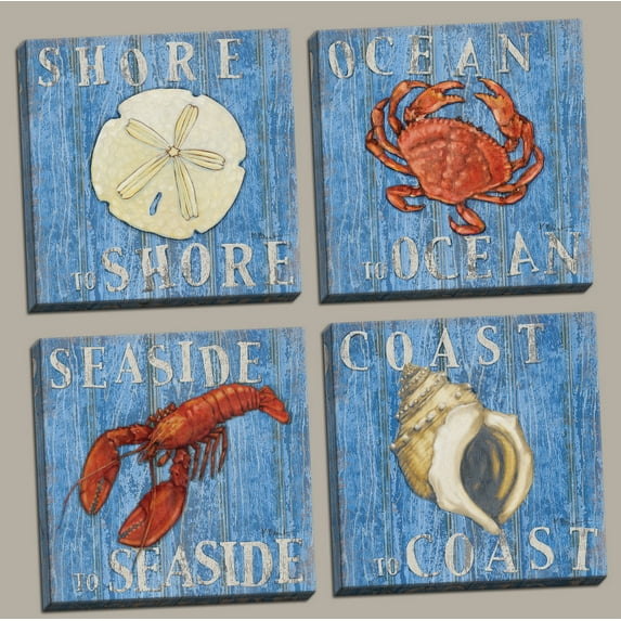Fun Beach Crab, Lobster, Sand Dollar, Conch Set, Coastal Décor; Four 12 by 12-Inch Canvases; Ready to hang!
