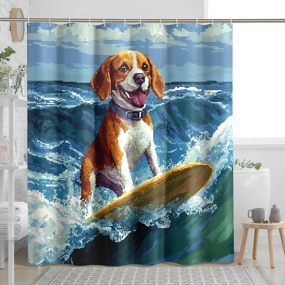 Fun Beagle Dog Shower Curtain, Summer Pixel Art Surf Design, Cute Puppy ...