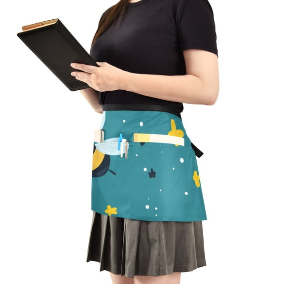 Fun Bees on Green Server Apron with 3 Pockets Waist Apron for Waiter Waitress
