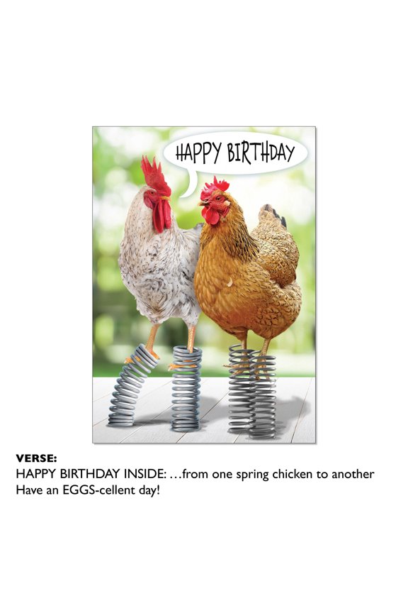 Fun Birthday Card - Chickens with springs on feet
