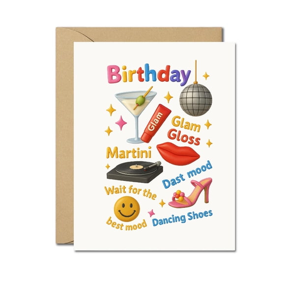 Fun Birthday Glam Party Greeting Card  Martini, Lip Gloss & Disco Theme  Playful Emoji Birthday Card for Friends