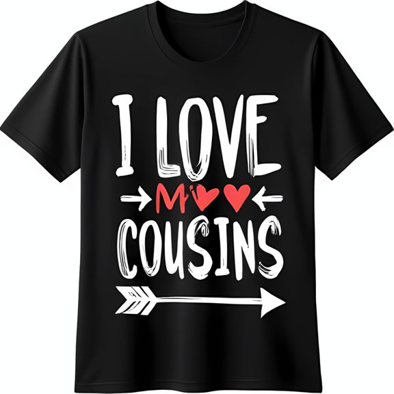 Fun Black Crewneck Tee with Whimsical White Text & Red Heart Graphics