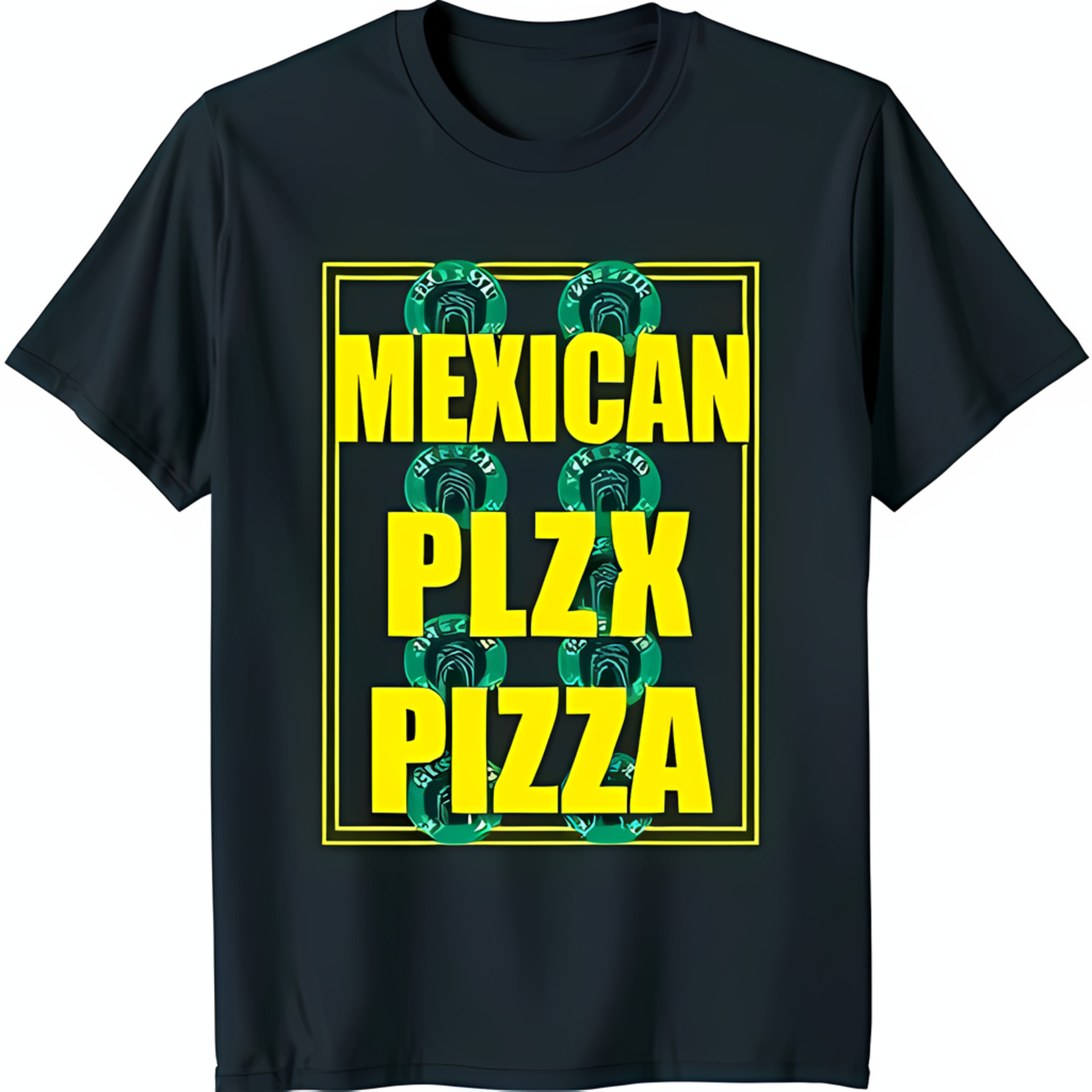 Fun Black TShirt with Bold 'Mexican Plz Pizza' Graphic and Green