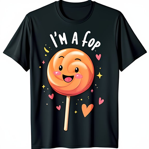 Fun Black T-Shirt with Cartoon Lollipop Graphic Hearts & Stars I M A FOP