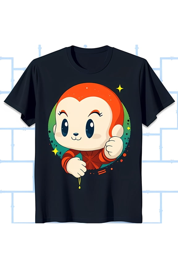 Fun Black T-Shirt with Cartoon Monkey Graphic Big Eyes & Colorful Design