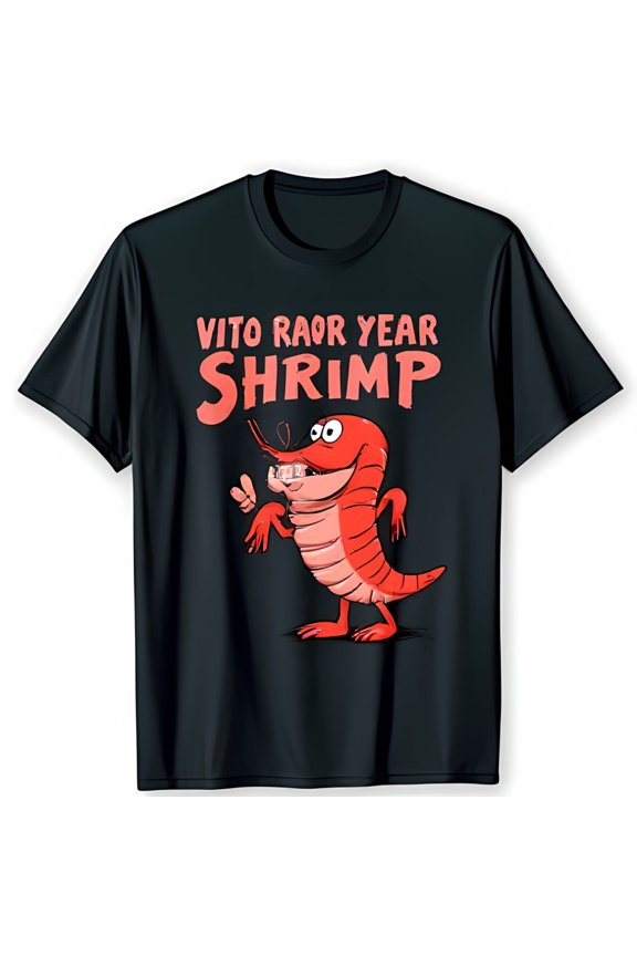 Fun Black T-Shirt with Cartoon Shrimp Graphic & RAOR YEAR SHRIMP Text