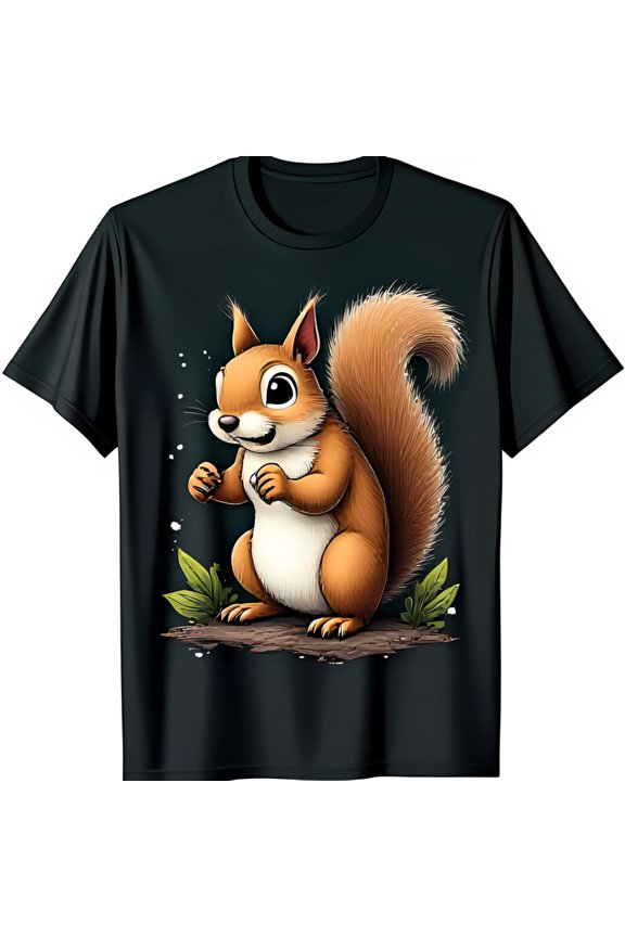 Fun Black T-Shirt with Cartoon Squirrel Graphic on Chest for Animal Lovers