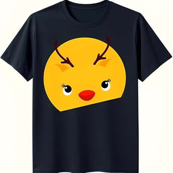 Fun Black T-Shirt with Cartoon Yellow Reindeer & Red Antlers Graphic