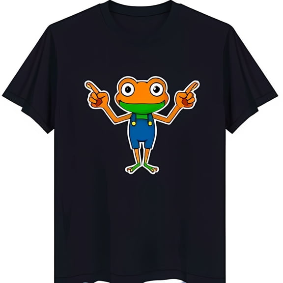 Fun Black T-Shirt with Cartoon in Blue Smiling Graphic Design