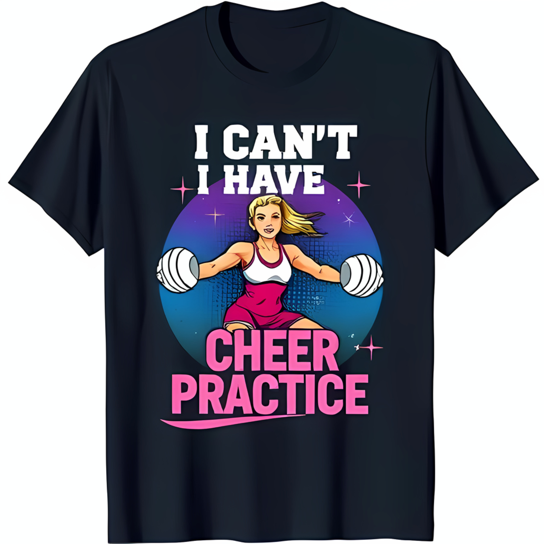 Fun Black TShirt with Cheerleader Graphic & 'I Can't I Have Cheer