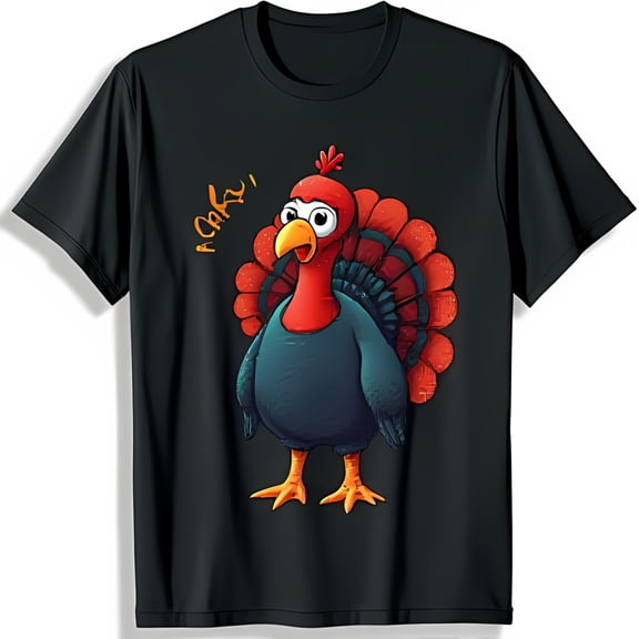 Fun Black T-Shirt with Colorful Cartoon Turkey Graphic & 'Gobble' Text