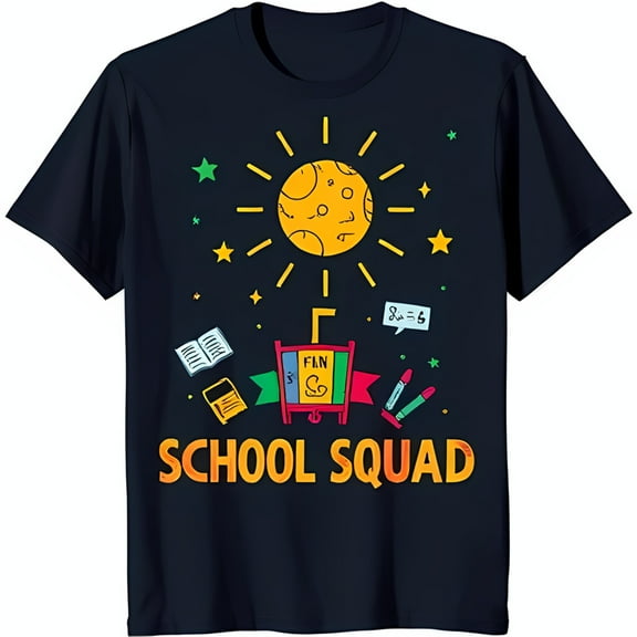 Fun Black T-Shirt with Colorful School Squad Graphic: Desk & More