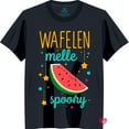 thumbnail image 1 of Fun Black T-Shirt with Colorful Watermelon & 'WAFELEN melle spoory' Graphic, 1 of 5