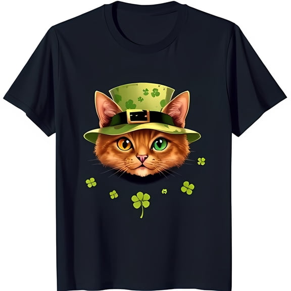 Fun Black T-Shirt with Cute Cat in Leprechaun Hat & Shamrocks