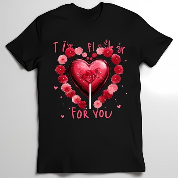 Fun Black T-Shirt with Heart Lollipop Graphic & I m F L A T E D for You Text