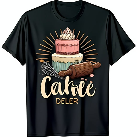Fun Black T-Shirt with Whimsical Cake Graphic Rolling Pin & Whisk for Bakers