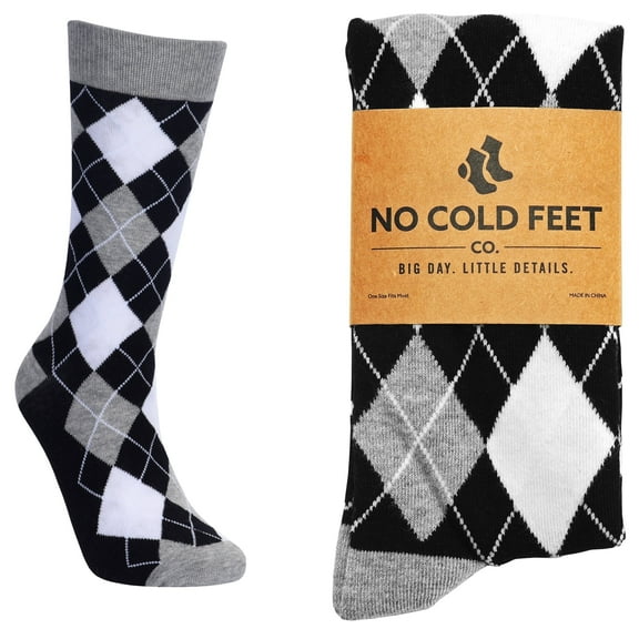 No Cold Feet Fun Colorful Novelty Dress Socks for Men, Black and White Argyle, Men's Size 8-13, Crew Socks