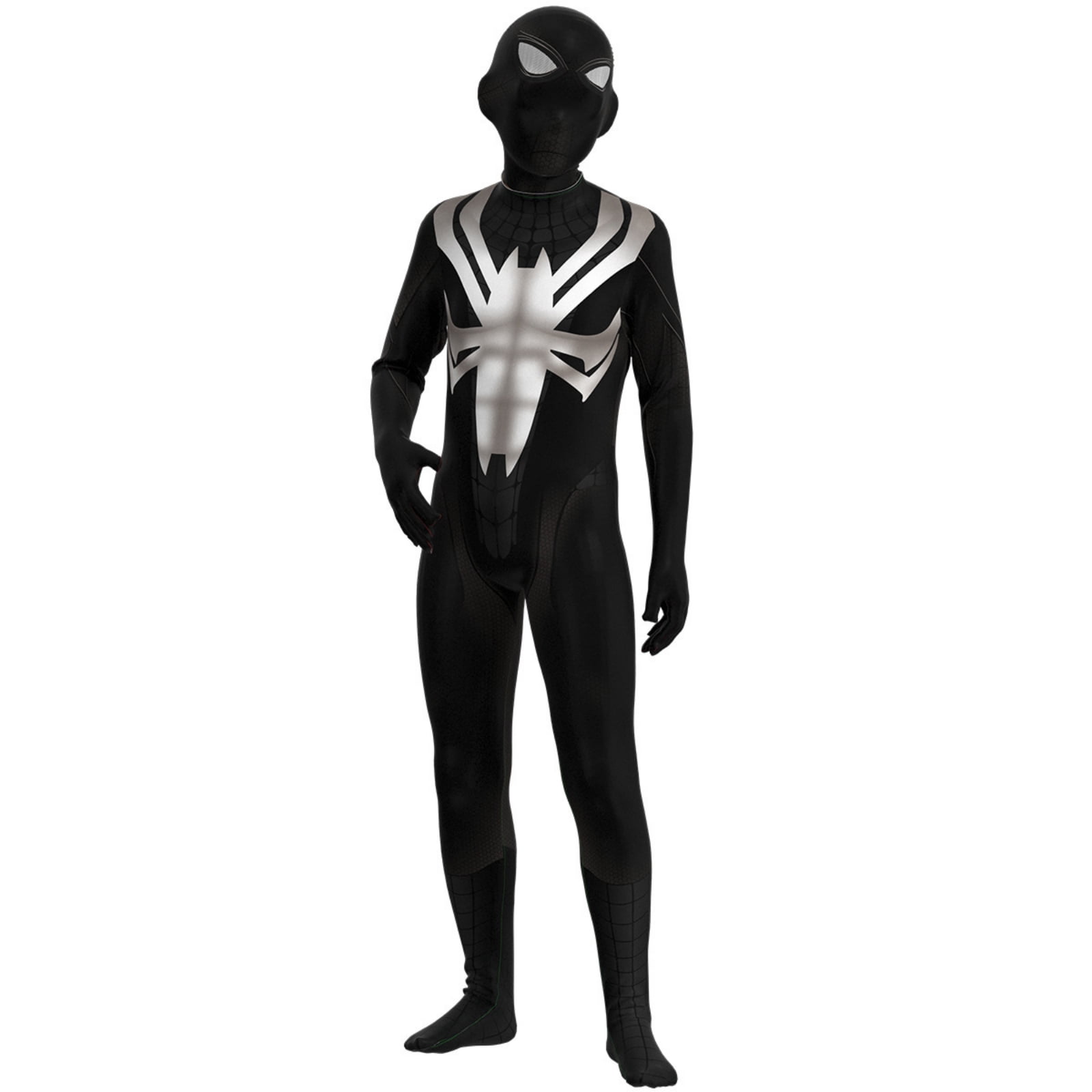 Fun Boys Black Spider Hero Costume with Mask and Silver Emblem, Comfortable Dark Bodysuit for Halloween Trick or Treat and Birthday Party, Black, 160
