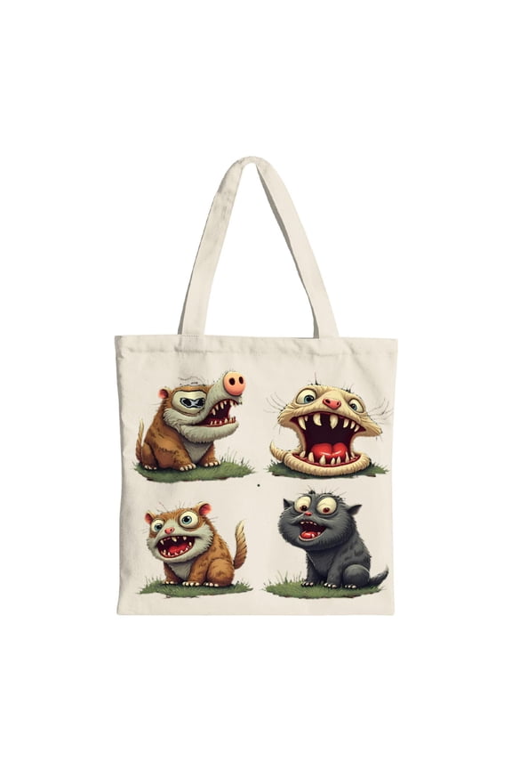 Fun Cartoon Animal Tote Bag - Brown Dog Cat & Gray Cat Expressions - Stylish Canvas Reusable Shopping Bag for Parties Travel & Everyday Use
