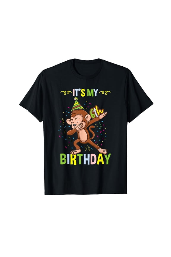 Fun Cartoon Monkey Birthday T-Shirt for Celebrating 6th Birthday with Colorful Confetti