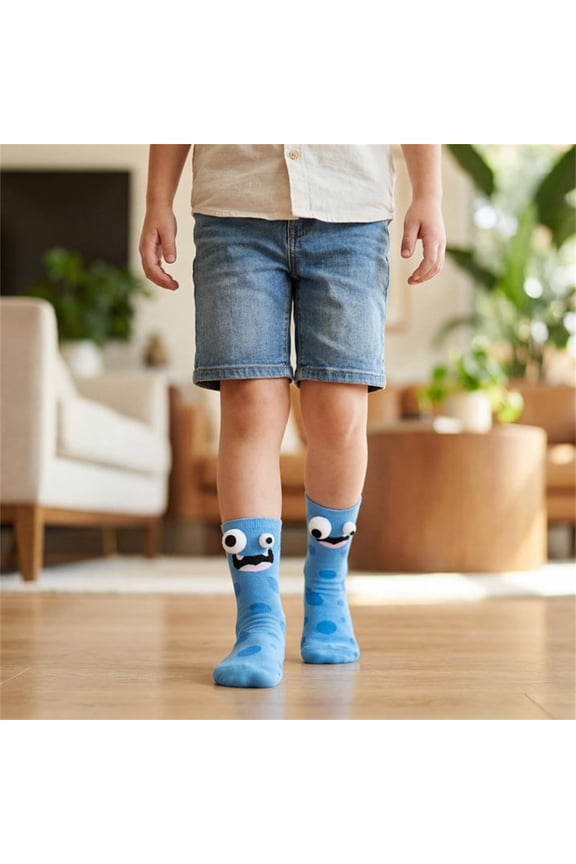 Fun Cartoon Monster Design 3D Eyes Socks for Kids, Novelty Crazy Wacky Socks Ideal for Crazy Sock Day Celebrations (Blue)