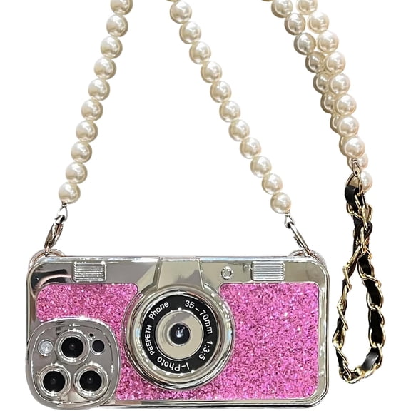 Fun Case Compatible with iPhone 16 Pro Max,Unique Cute 3D Cartoon Retro Camera Look with Long Lanyard Leather+Soft TPU Shockproof Protector for iPhone 16 Pro Max Pink