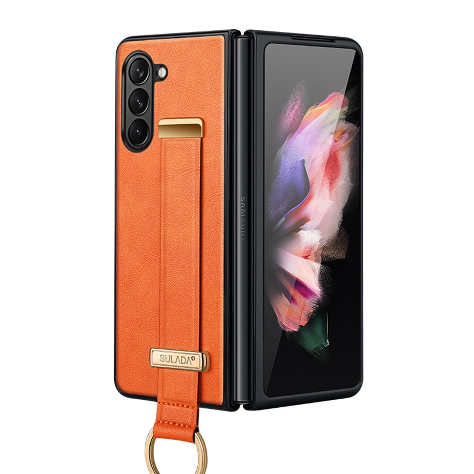 FunCasery Compatible with Samsung Galaxy Z Fold 5 Case Ring Kickstand Strap Luxury Leather