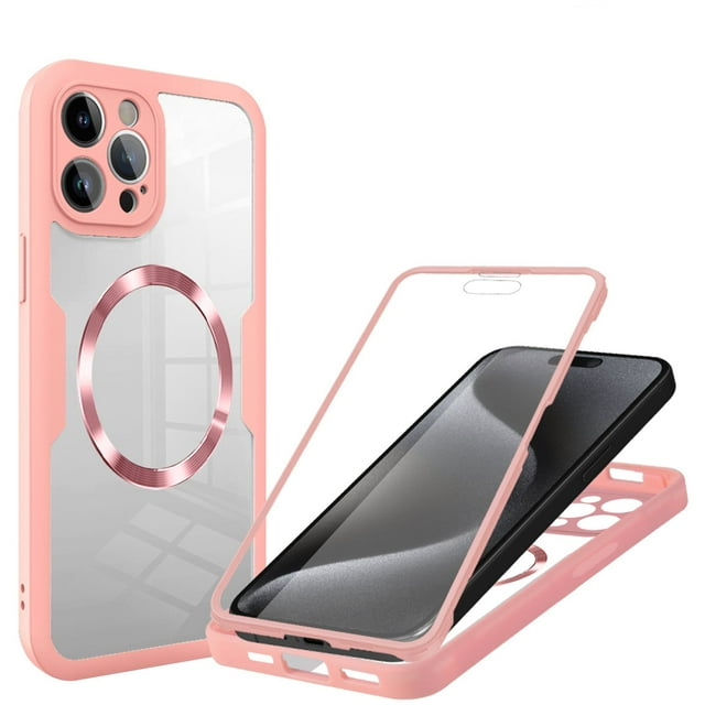 Fun-Casery Full Body Clear Case for iPhone 12, Compatible with Mag-safe Built-in Screen Protector Shockproof Anti-Scratch Non-Yellowing Phone Case for iPhone 12,Pink