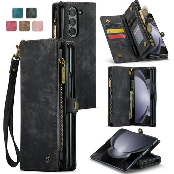 Fun-Casery for Samsung Galaxy Z Fold 6 Case,Retro Premium Folio Soft Leather Credit Card Slots RFID Blocking Kickstand Rugged Shockproof Protective Case with Strap for Samsung Galaxy Z Fold 6,Black