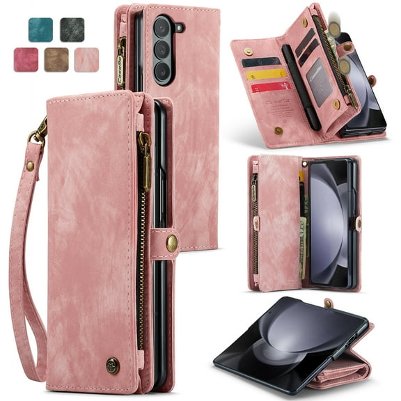 Fun-Casery for Samsung Galaxy Z Fold 6 Case,Retro Premium Folio Soft Leather Credit Card Slots RFID Blocking Kickstand Rugged Shockproof Protective Case with Strap for Samsung Galaxy Z Fold 6,Pink