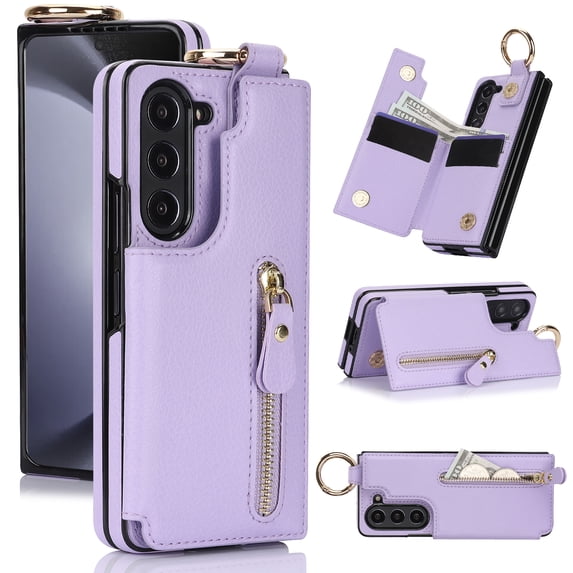 Fun-Casery for Samsung Galaxy Z Fold 6 Wallte Case, Premium Leather Ring Flip Zipper Credit Card Cash Slot Magnetic Clasp Kickstand Shockproof Protective for Samsung Galaxy Z Fold 6,Purple