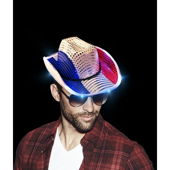 Fun Central LED Light-Up Cowboy Hat in Red, White, and Blue with LED Light Up Brim - Unisex