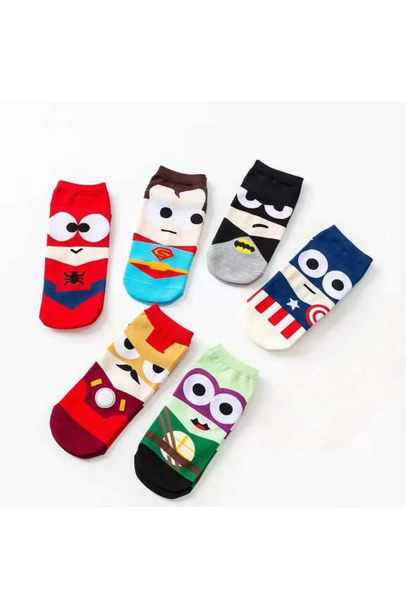 Fun Character Socks for Kids and Adults - 6 Pairs of No-Show Ankle Socks Featuring Fun Designs Inspired by Popular Heroes and More, Soft Cotton Blend for Year-Round Comfort