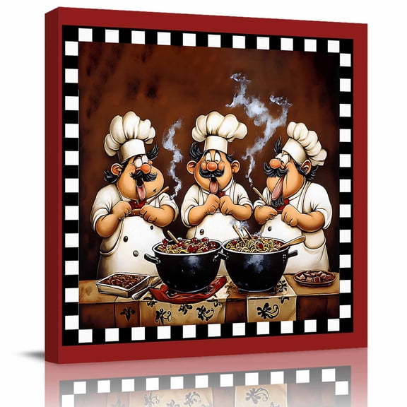Fun Chef Food Kitchen Cooking Canvas Artwork Painting Art, Black White Checked Square Framed Wall Decorations Prints Picture for Bedroom Kitchen Living Room, 8x8 in