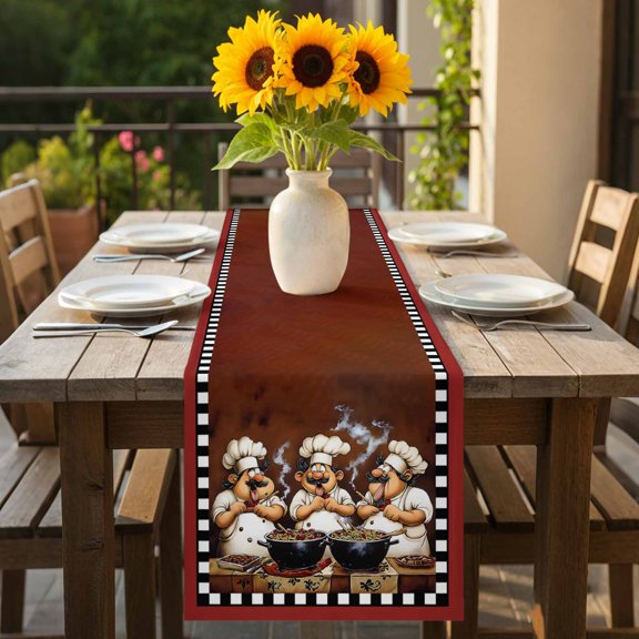Fun Chef Food Kitchen Cooking Table Runner 36 Inches Long,Kitchen Dining Tablerunners Black White Checked Linen Table Runners Dresser Scarves for Home Dinner Wedding Holiday Party Decor