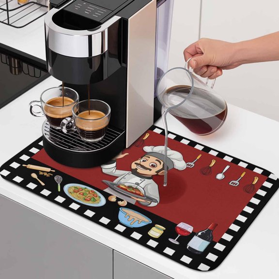 Fun Chef Kitchenware Food Burgundy Red Dish Drying Mat,Absorbent Diatomaceous Earth Mats Black White Checker Coffee Mat Dishes Drainer Pad for Kitchen Counter Rack Sink Utensils,12x16in