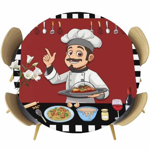 Fun Chef Kitchenware Food Burgundy Red Fitted Round Tablecloths Table Covers 55"-60",Waterproof Table Cloth for Kitchen Holiday Party Tables Decor