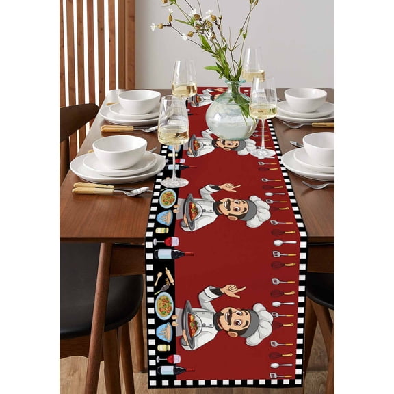 Fun Chef Kitchenware Food Burgundy Red Table Runner 13x36in Non-Slip Cotton Linen Table Runners, Black White Checker Dresser Scarves TableRunner for Dinner Kitchen Dining Wedding Party
