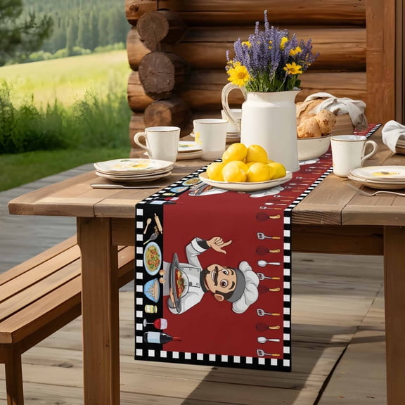 Fun Chef Kitchenware Food Burgundy Red Table Runner 60 Inch Long Black White Checker Table Runners Linen Burlap Tablerunner for Kitchen Dining Room Holiday Party