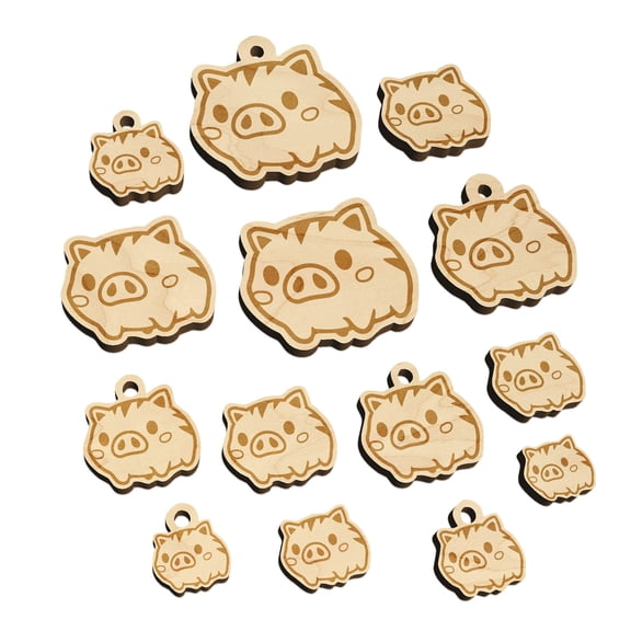 Fun Chibi Wild Boar Pig Swine Wood Mini Charms Shapes DIY Craft Jewelry - No Hole - 25mm (7pcs)
