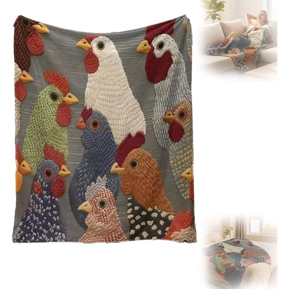 Fun Chicken Head Pattern Plush Blanket, Chicken Head Patterns Farmhouse Printed Blankets, Cute Rooster Printed Decor Blanket, Bed and Living Room Chickens Lovers