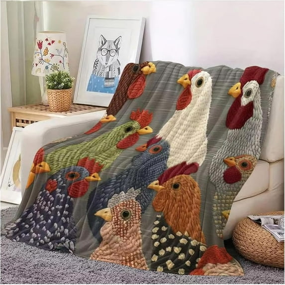 Fun Chicken Head Pattern Plush Blanket, Colorful Farmhouse Flannel Throw, Cute Rooster Printed Decor Blanket, Vintage Soft Cozy Lightweight Blankets for Sofa Bed Office Travel Home Decor (Oversized)