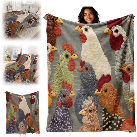 Fun Chicken Head Pattern Plush Blanket,Colorful Farmhouse Soft Flannel Throw,Cute Rooster Printed Decor Blankets,Lightweight Cozy Warm Fuzzy Fleece for Home Bedding Sofa,All-Season Gift(71" x 87")