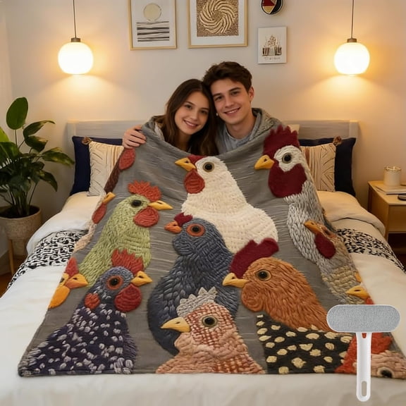 Fun Chicken Head Pattern Plush Blanket, Cute Farmhouse Printed Throw for Couch Bed, 60x78 Inch
