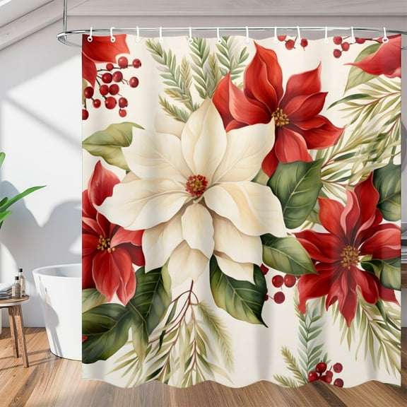 Fun Christmas Poinsettia Theme Shower Curtain for Bathroom Shower Curtain Set with 12 Hooks Waterproof Fabric Bath Curtain for Bathtub Restroom Decor, 72 X 72 in