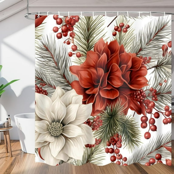 Fun Christmas Poinsettias Style Shower Curtain for Bathroom Shower Curtain Set with 12 Hooks Waterproof Fabric Bath Curtain for Bathtub Restroom Decor, 72 X 72 in